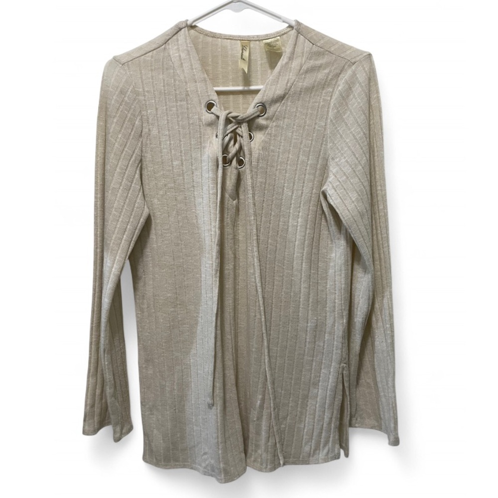 Chenault Cream Ribbed Tie Front Blouse- Lace-Up Top
